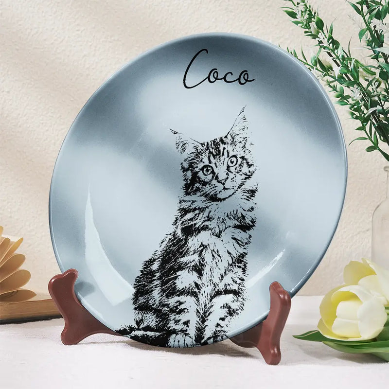 Family, Gift For Bestie, Dog Lovers, Cat Lovers, Happy, Custom Photo, Gift For Mother, Gift For Father - Custom Photo Pencil Sketch Family Dog Cat Portrait - Personalized Ceramic Plate