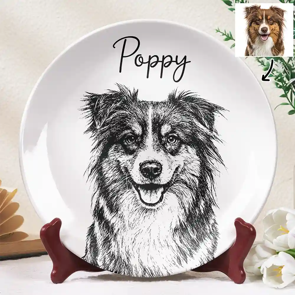 Family, Gift For Bestie, Dog Lovers, Cat Lovers, Happy, Custom Photo, Gift For Mother, Gift For Father - Custom Photo Pencil Sketch Family Dog Cat Portrait - Personalized Ceramic Plate