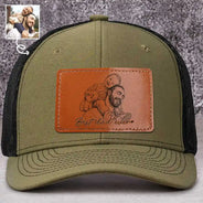 Gift For Mother,Gift For Father,Love,New Dad,New Mom - Custom Photo Pencil Sketch Family Dog Cat Portrait - Personalized Leather Patch Hat
