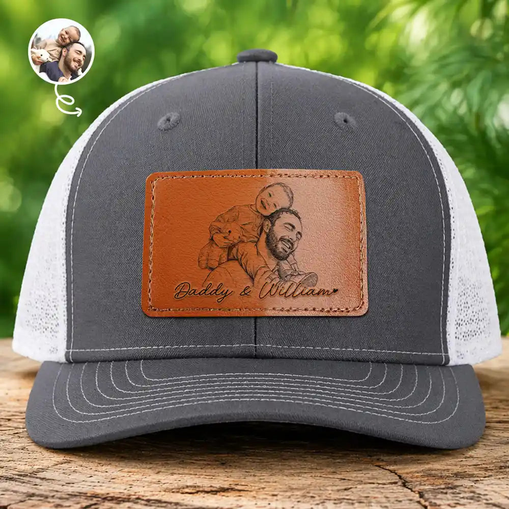 Gift For Mother,Gift For Father,Love,New Dad,New Mom - Custom Photo Pencil Sketch Family Dog Cat Portrait - Personalized Leather Patch Hat