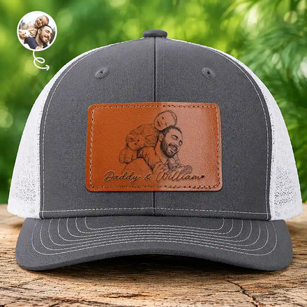 Custom Photo Pencil Sketch Family Dog Cat Portrait - Personalized Leather Patch Hat