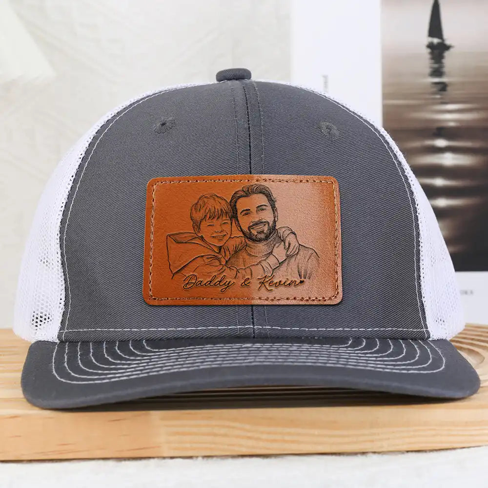 Gift For Mother,Gift For Father,Love,New Dad,New Mom - Custom Photo Pencil Sketch Family Dog Cat Portrait - Personalized Leather Patch Hat