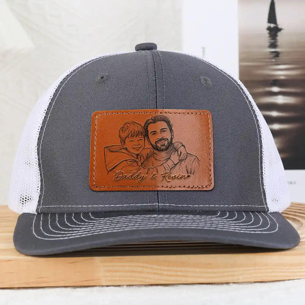 Gift For Mother,Gift For Father,Love,New Dad,New Mom - Custom Photo Pencil Sketch Family Dog Cat Portrait - Personalized Leather Patch Hat