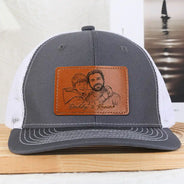 Gift For Mother,Gift For Father,Love,New Dad,New Mom - Custom Photo Pencil Sketch Family Dog Cat Portrait - Personalized Leather Patch Hat