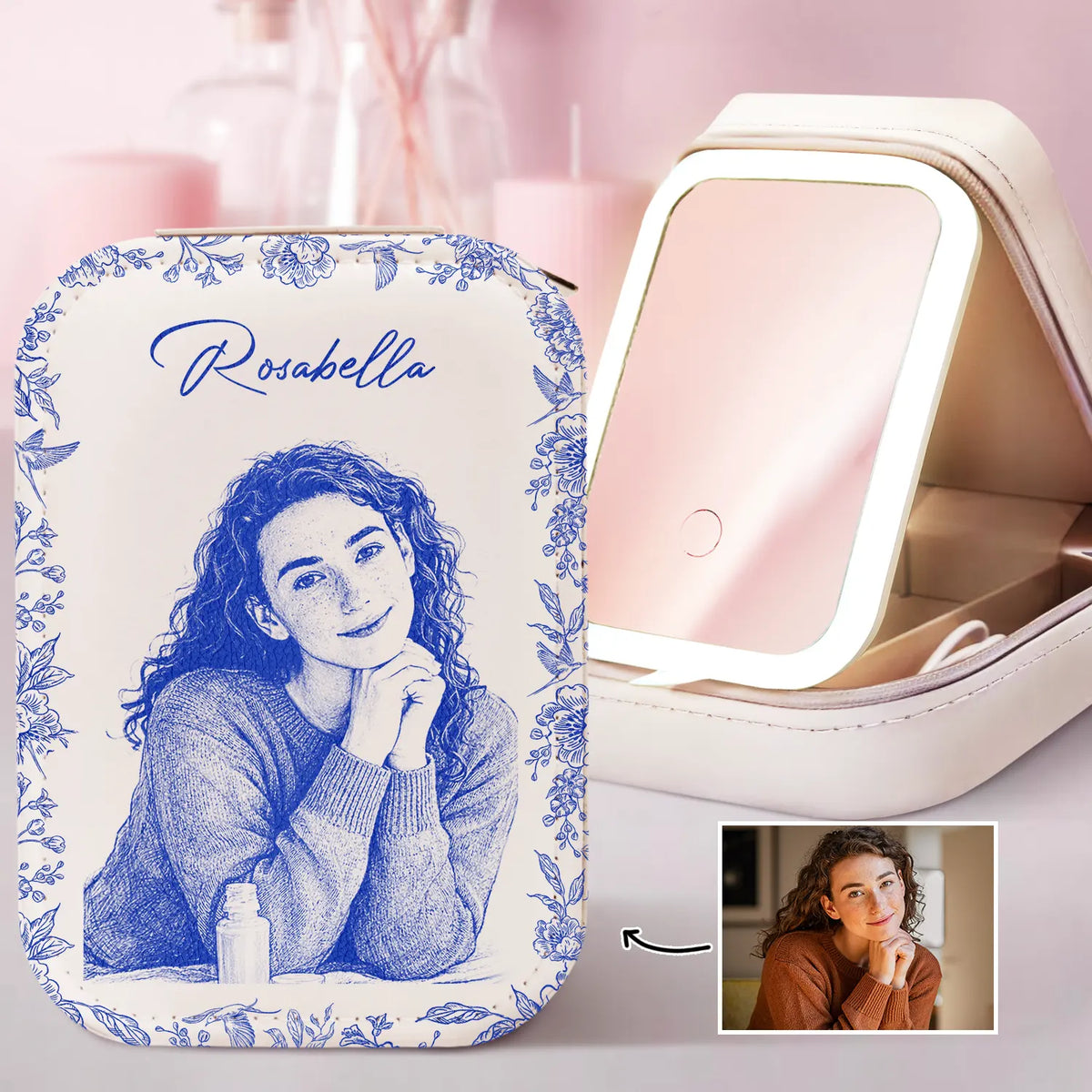 Family, Gift For Bestie, Dog Lovers, Cat Lovers, Happy, Custom Photo, Gift For Mother, Gift For Father - Custom Photo Pencil Sketch Family Dog Cat Portrait - Personalized Makeup Box With LED Mirror