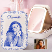 Family, Gift For Bestie, Dog Lovers, Cat Lovers, Happy, Custom Photo, Gift For Mother, Gift For Father - Custom Photo Pencil Sketch Family Dog Cat Portrait - Personalized Makeup Box With LED Mirror