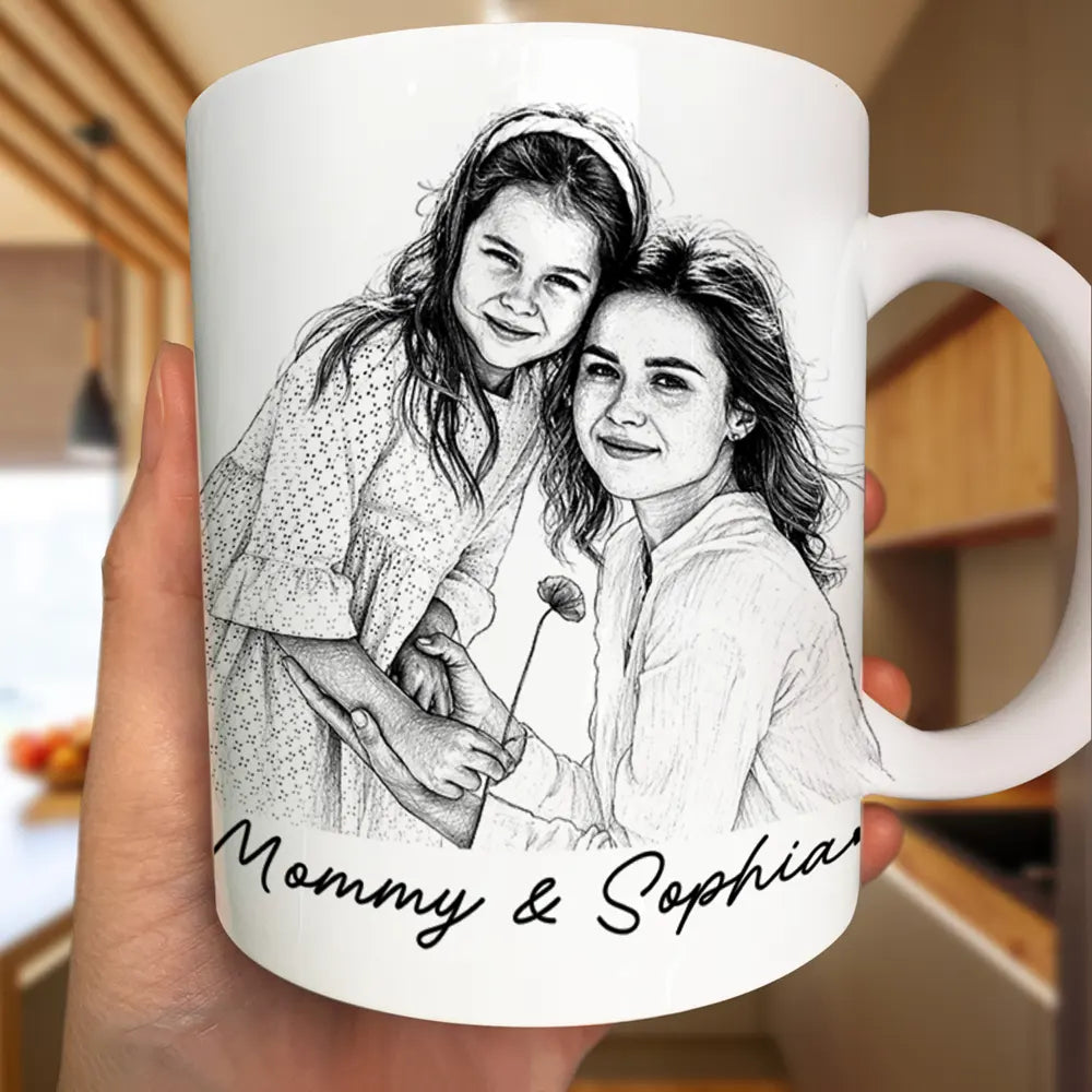 Gift For Mother,Gift For Father,Love,New Dad,New Mom - Custom Photo Pencil Sketch Family Dog Cat Portrait - Personalized Mug