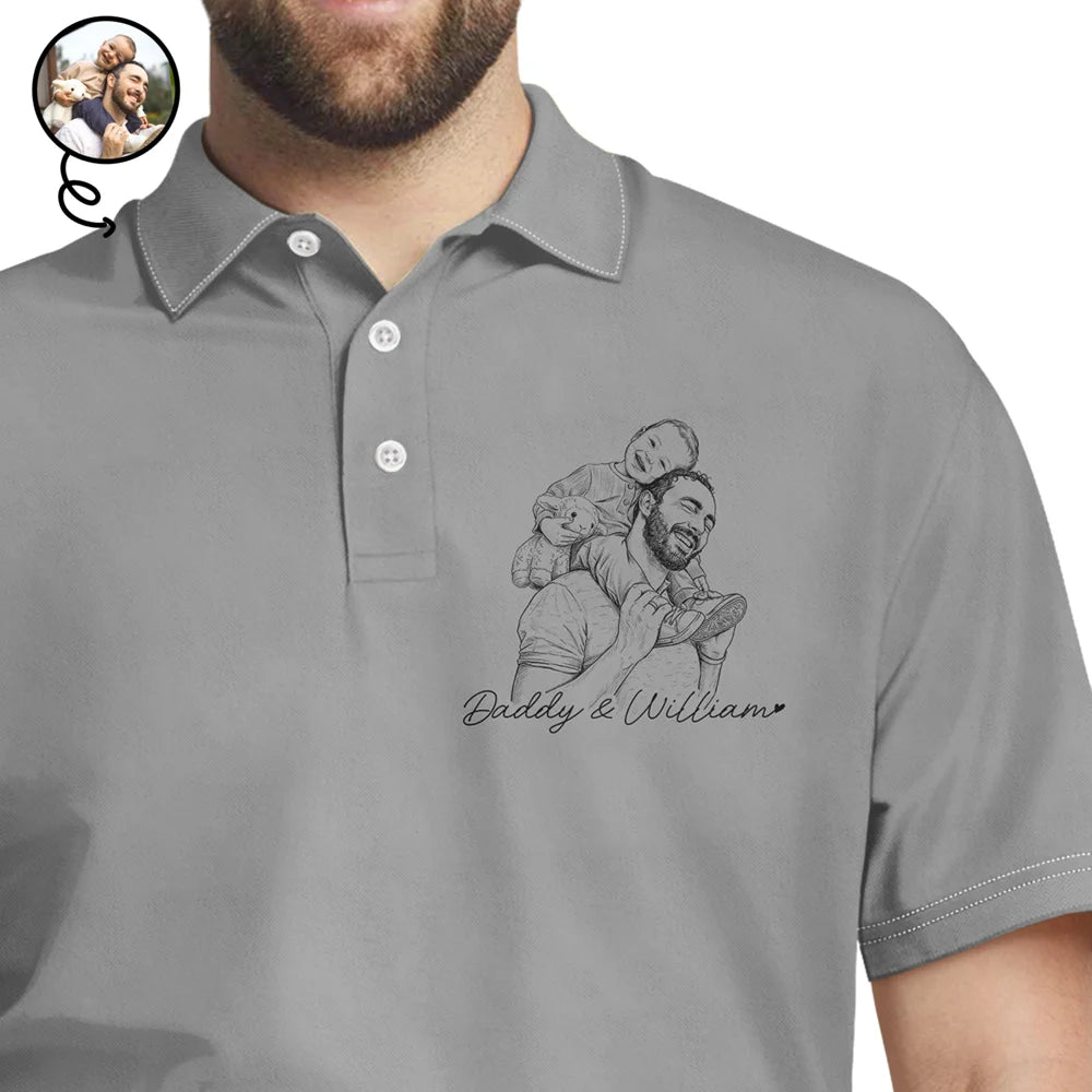 Gift For Mother,Gift For Father,Love,New Dad,New Mom - Custom Photo Pencil Sketch Family Dog Cat Portrait - Personalized Polo Shirt