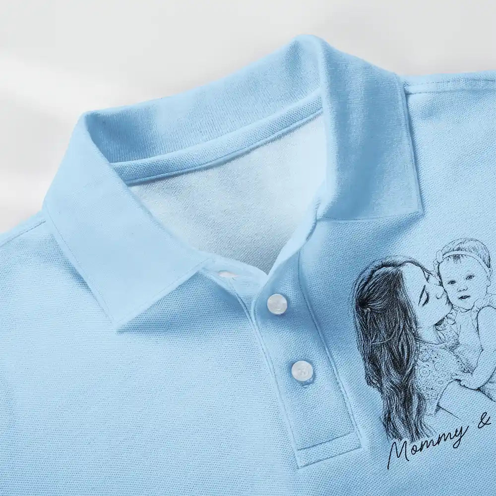 Gift For Mother,Gift For Father,Love,New Dad,New Mom - Custom Photo Pencil Sketch Family Dog Cat Portrait - Personalized Polo Shirt