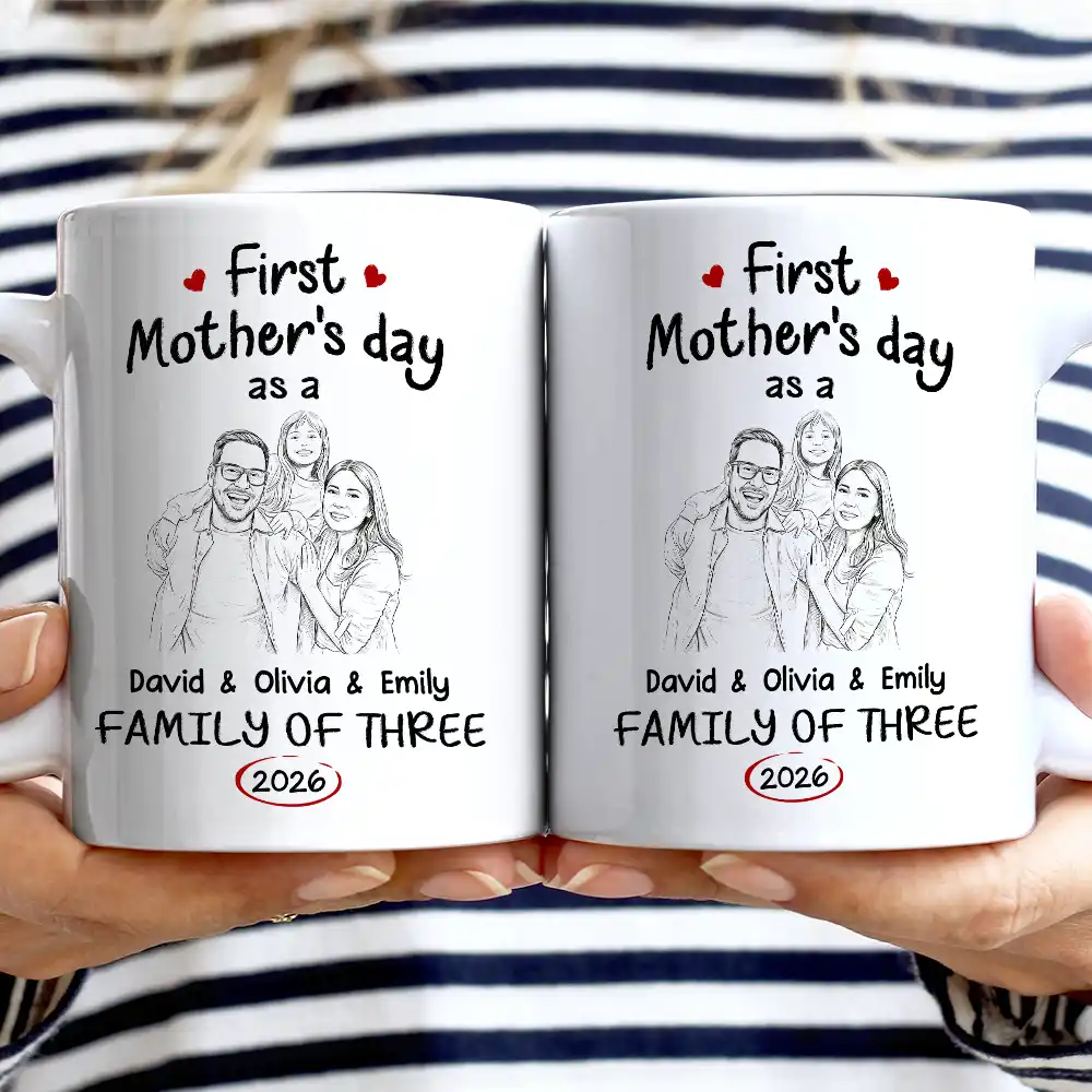 Gift For Mother,Gift For Father,Gift For Kids,Gift For Men,Gift For Women,Happy,Family,Custom Photo - Custom Photo Pencil Sketch First Time Ever As A Family Of Three - Personalized Mug