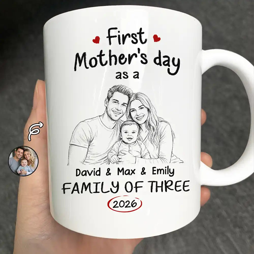 Custom Photo Pencil Sketch First Time Ever As A Family Of Three - Personalized Mug
