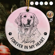 Art Design,Sentimental,Christmas,Pet Lovers,Memorial,Photo - Pencil Sketch - Remove BG - Custom Photo Pencil Sketch Forever In My Heart Memorial - Personalized Circle Ceramic Ornament