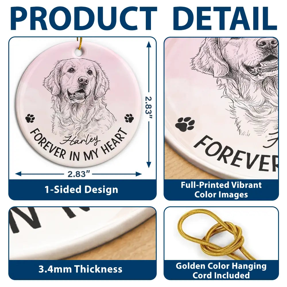 Art Design,Sentimental,Christmas,Pet Lovers,Memorial,Photo - Pencil Sketch - Remove BG - Custom Photo Pencil Sketch Forever In My Heart Memorial - Personalized Circle Ceramic Ornament
