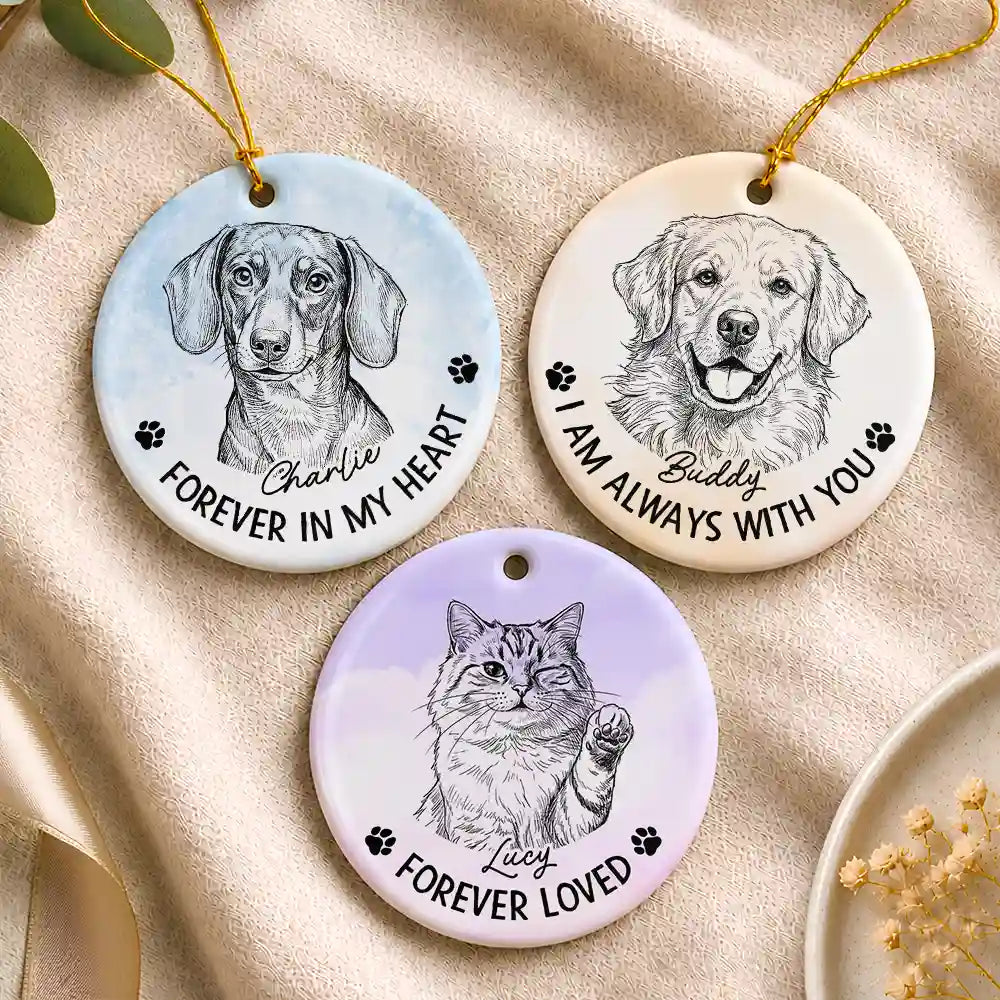 Art Design,Sentimental,Christmas,Pet Lovers,Memorial,Photo - Pencil Sketch - Remove BG - Custom Photo Pencil Sketch Forever In My Heart Memorial - Personalized Circle Ceramic Ornament