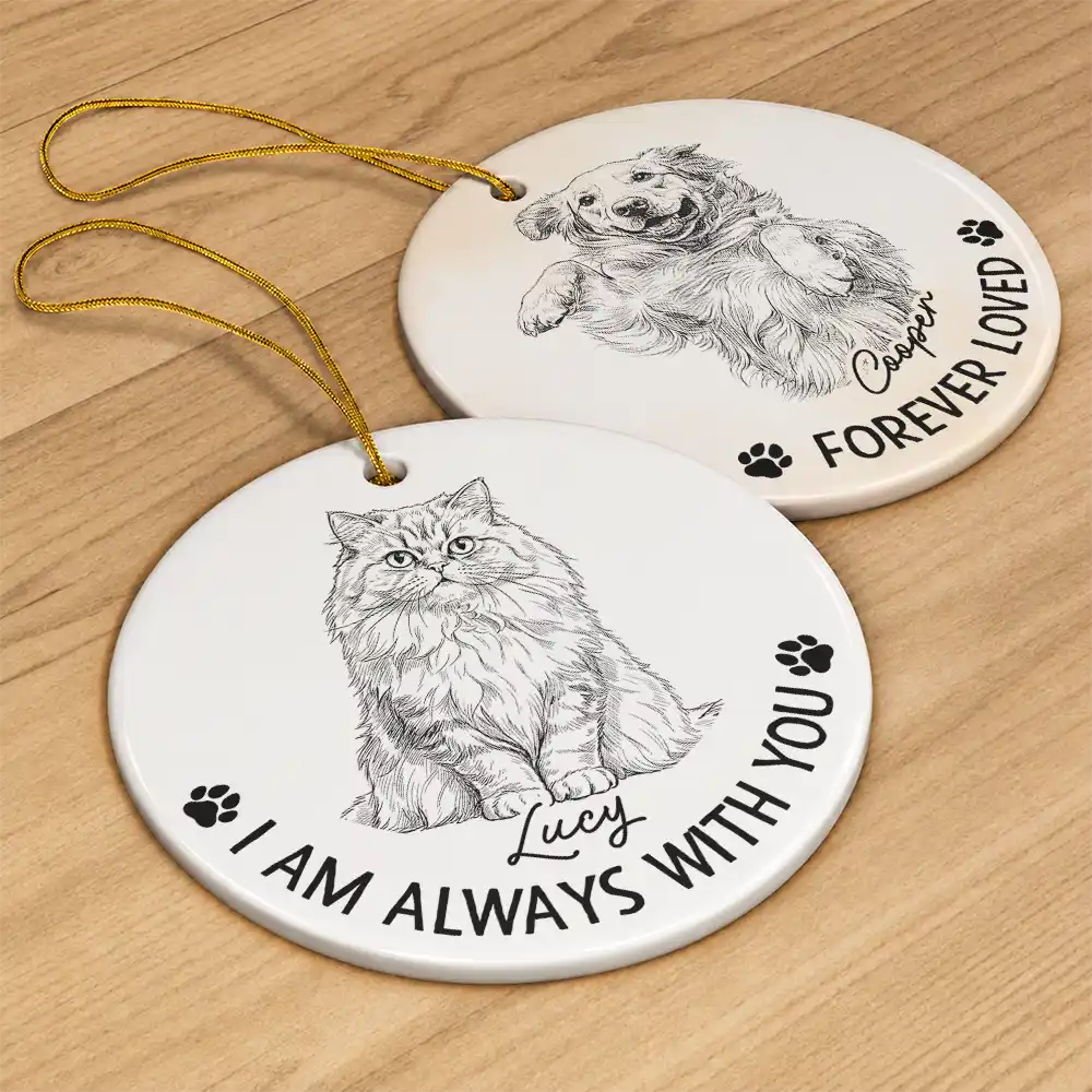 Art Design,Sentimental,Christmas,Pet Lovers,Memorial,Photo - Pencil Sketch - Remove BG - Custom Photo Pencil Sketch Forever In My Heart Memorial - Personalized Circle Ceramic Ornament