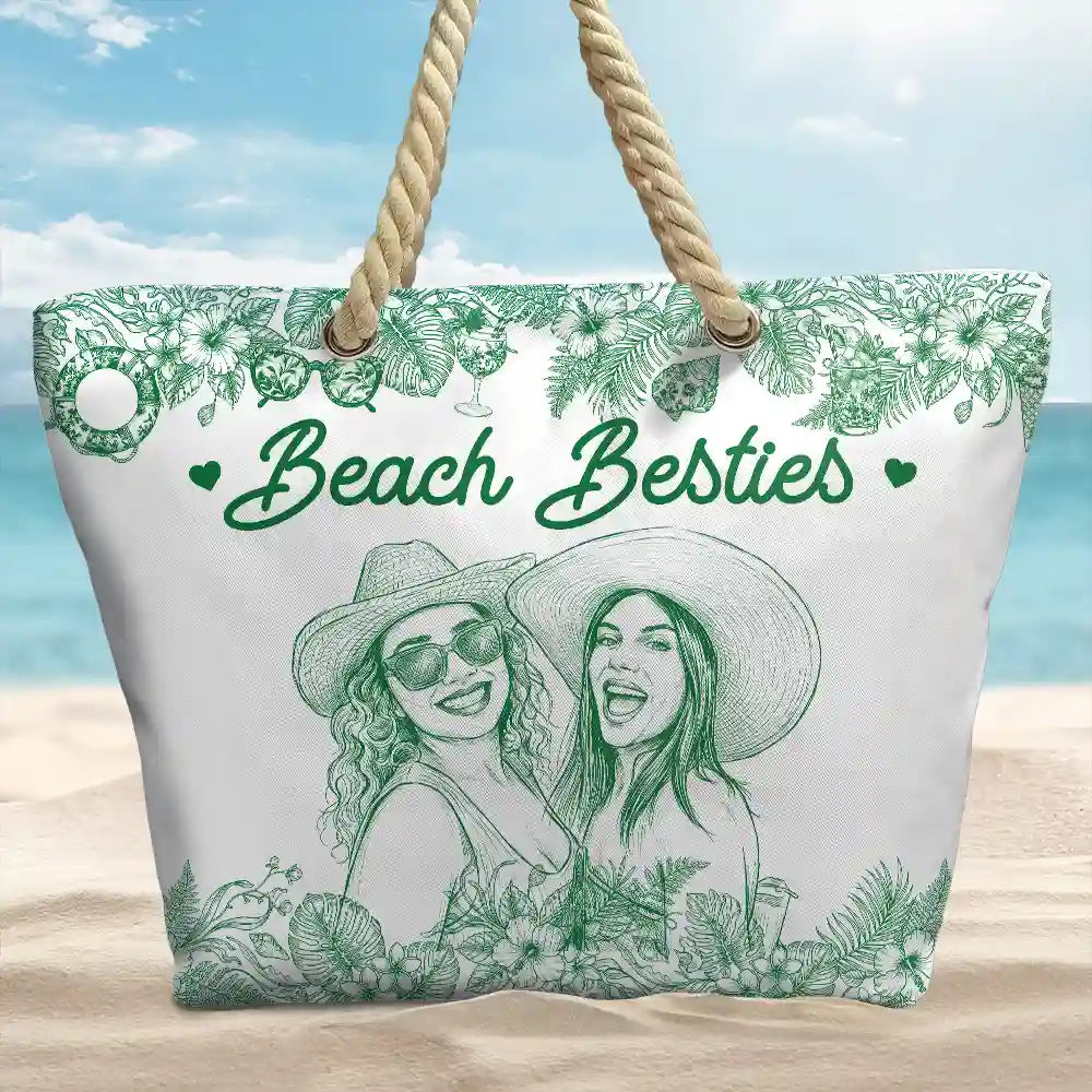 Custom Photo,Beach,Art Design,Summer,Gift For Bestie,Playful,Photo - Pencil Sketch - Remove BG - Custom Photo Pencil Sketch Girls Trip Family Trip - Personalized Beach Bag