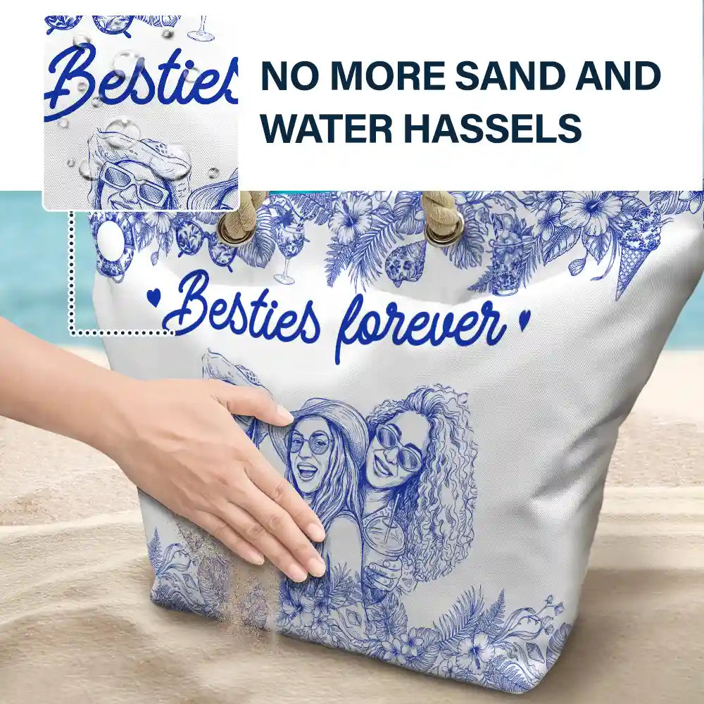 Custom Photo,Beach,Art Design,Summer,Gift For Bestie,Playful,Photo - Pencil Sketch - Remove BG - Custom Photo Pencil Sketch Girls Trip Family Trip - Personalized Beach Bag