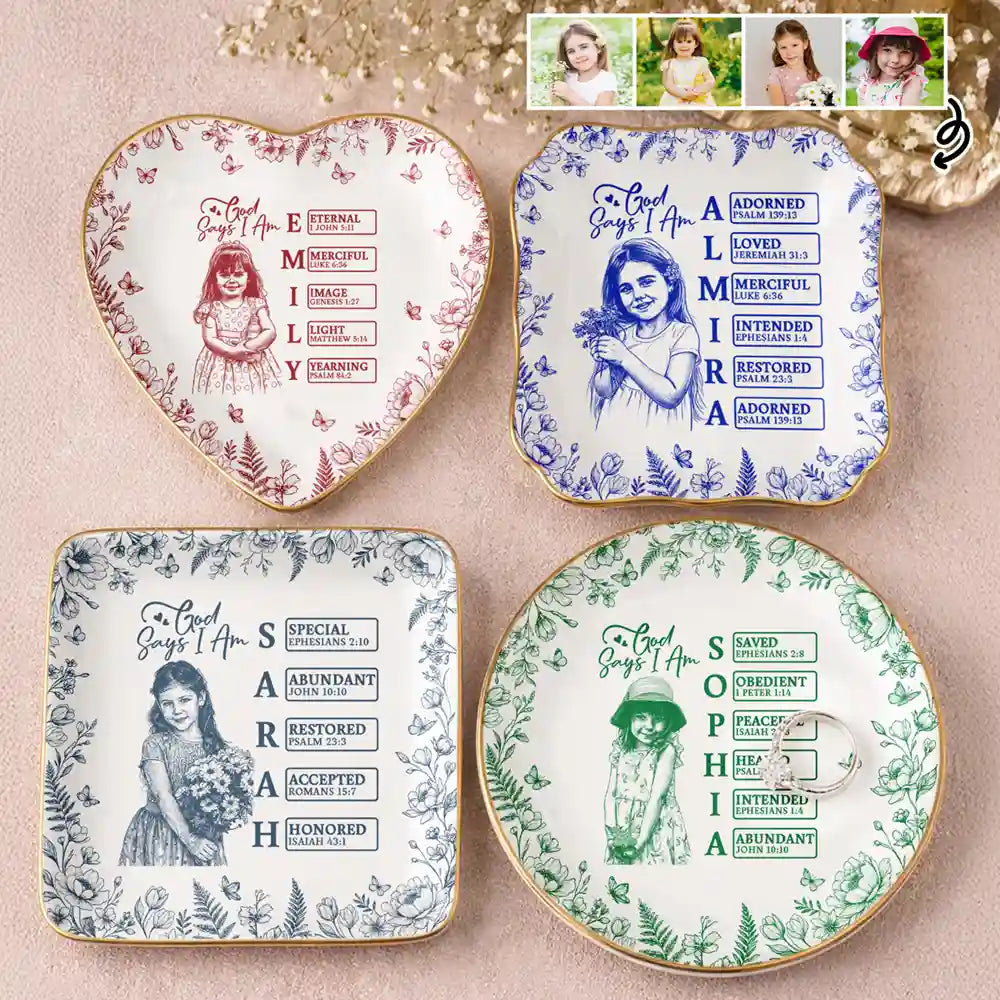 Custom Photo Pencil Sketch God Says I Am - Personalized Ring Dish