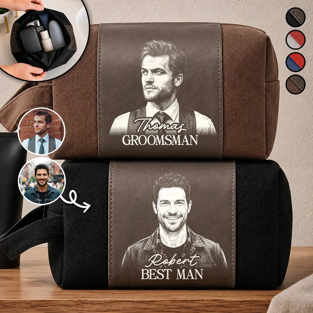 Custom Photo White Pencil Sketch Groomsmen Wedding, Bachelor Travel Favor - Personalized Leather Canvas Toiletry Bag
