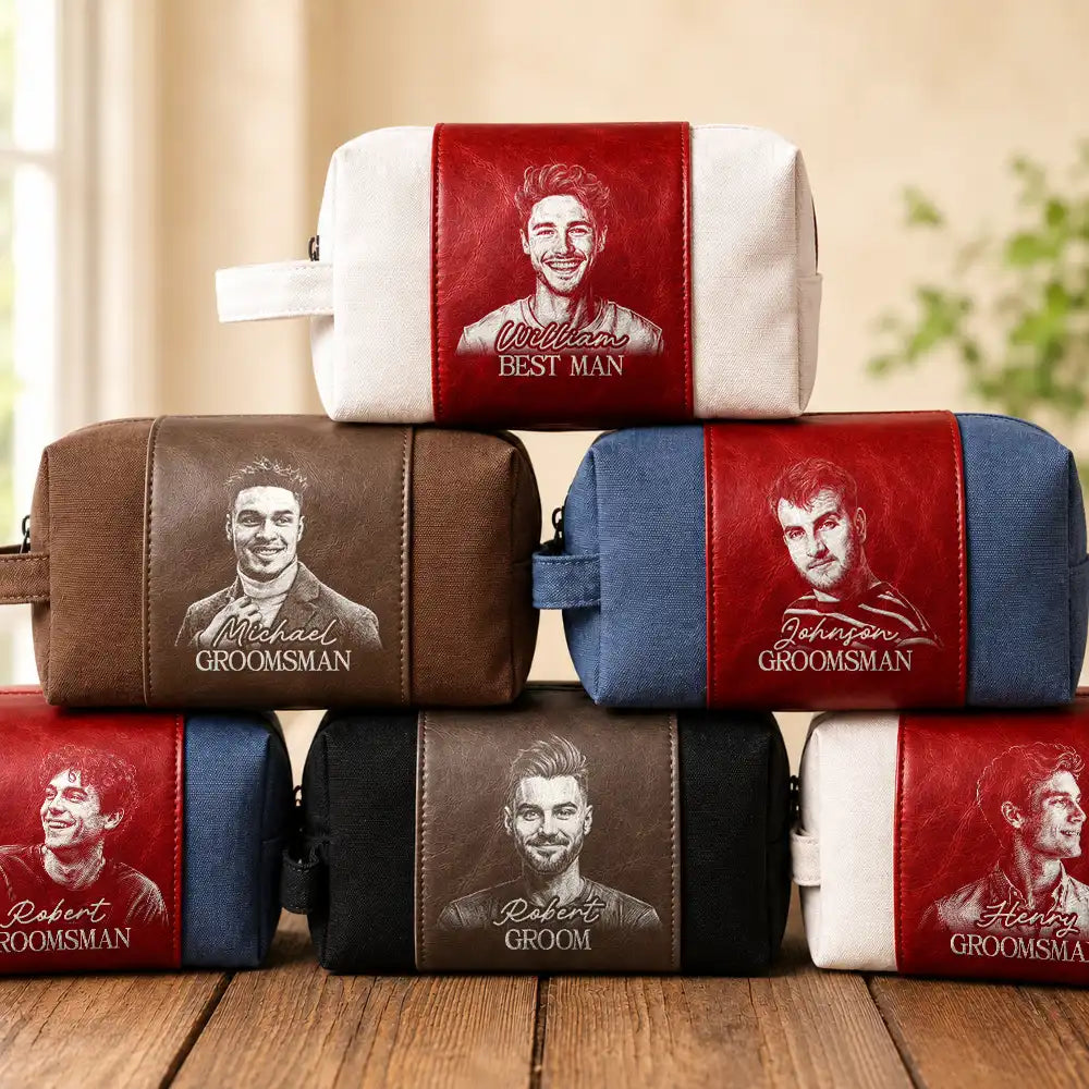 Travel, Art Design, Confident, Gift For Men, Gift For Yourself, Photo - Pencil Sketch - Dark BG - Custom Photo White Pencil Sketch Groomsmen Wedding, Bachelor Travel Favor - Personalized Leather Canvas Toiletry Bag