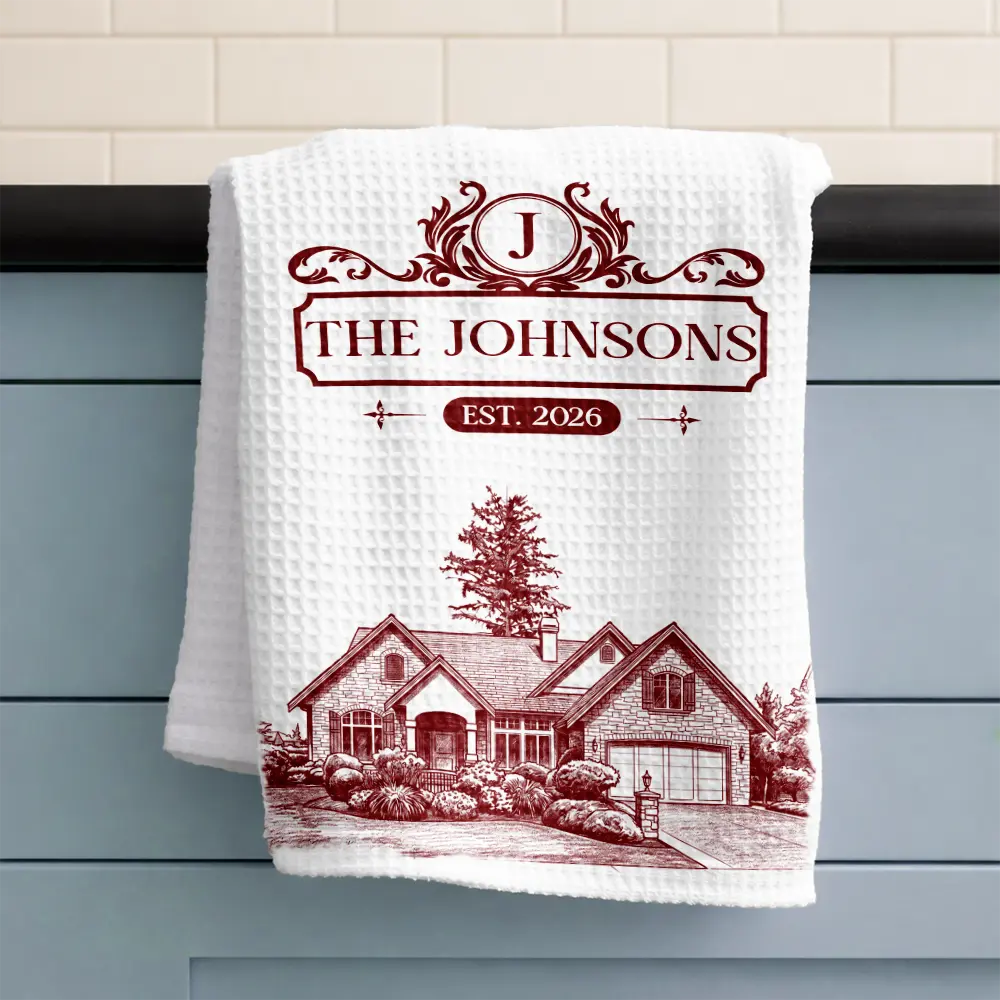 Art Design,New House,Married Couple,Gift For Couples,Photo - Pencil Sketch - Remove BG (For Landscape),Happy - Custom Photo Pencil Sketch Happy Family Monogram Married Couple New Home - Personalized Kitchen Towel