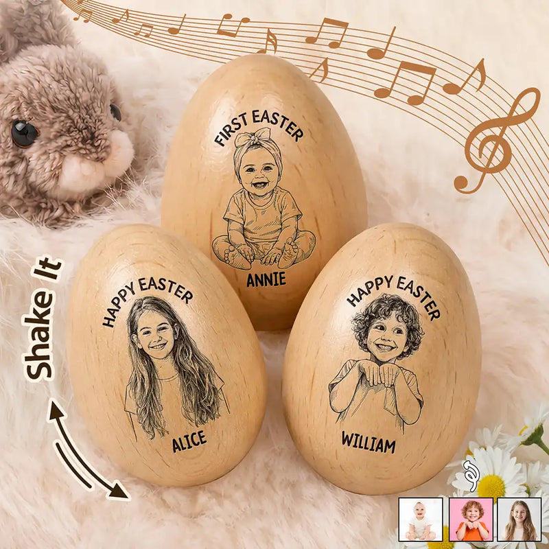 Grandpa,Grandkids,Gift For Kids,Grandma,Gift For Grandkids,Parents,Dad,Children,Mom - Children,Easter - Custom Photo Pencil Sketch Happy Kids Easter - Personalized Musical Wooden Easter Egg Shaker