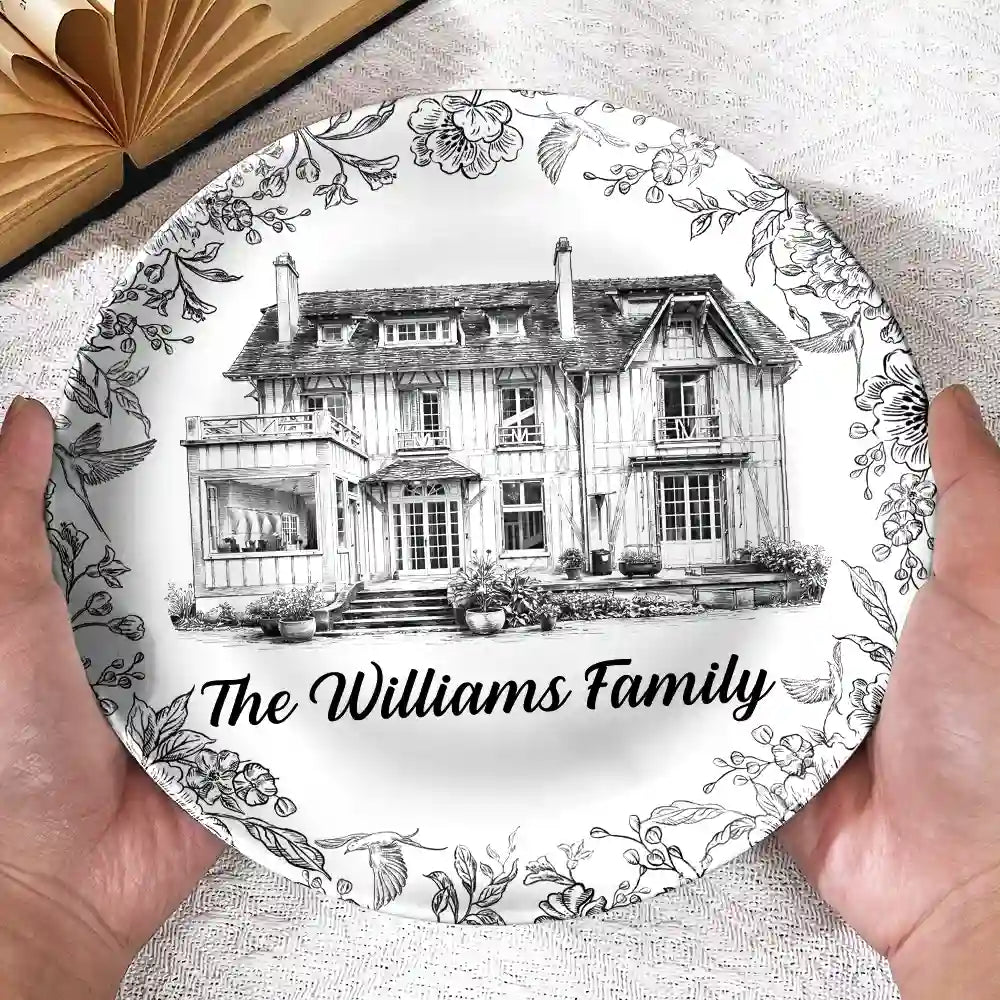 Custom Photo,Family,Happy - Custom Photo Pencil Sketch House Sketch Where Love Never Ends - Personalized Ceramic Plate