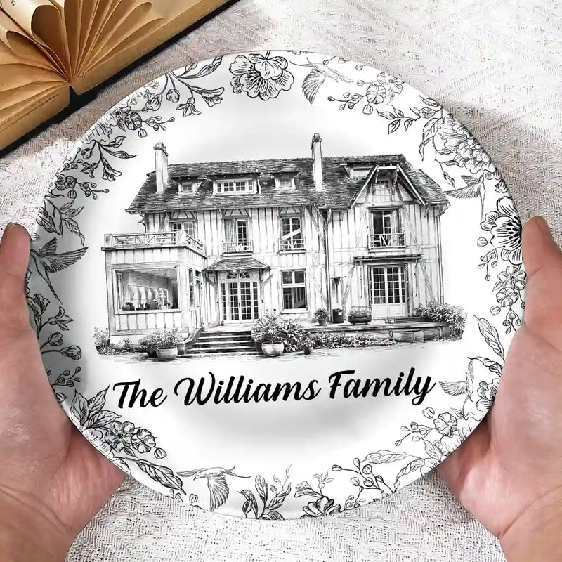 Custom Photo,Family,Happy - Custom Photo Pencil Sketch House Sketch Where Love Never Ends - Personalized Ceramic Plate