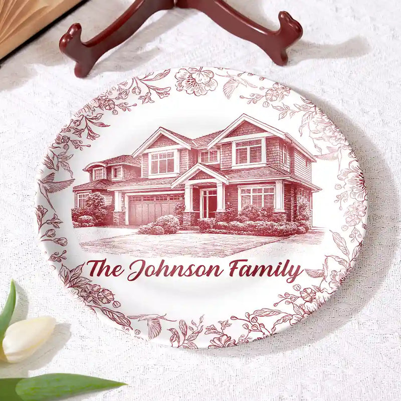 Custom Photo,Family,Happy - Custom Photo Pencil Sketch House Sketch Where Love Never Ends - Personalized Ceramic Plate