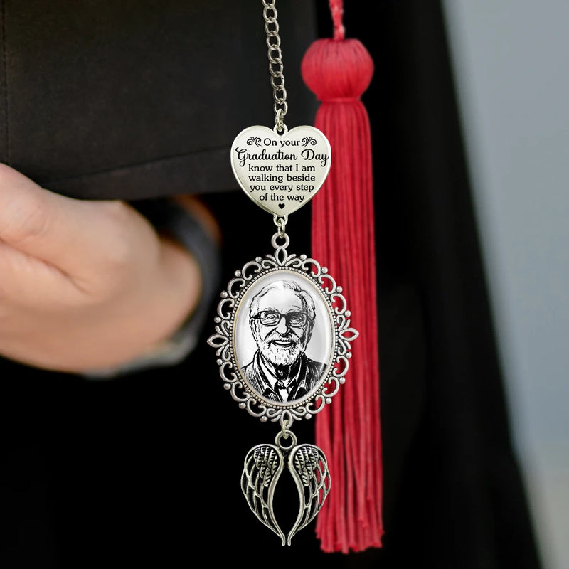Memorial, Sad, Parents, Gift For Grandparents, Gift For Daughter, Gift For Son, Graduation - Custom Photo Pencil Sketch I Am Walking Beside You Memorial - Personalized Graduation Tassel Charm