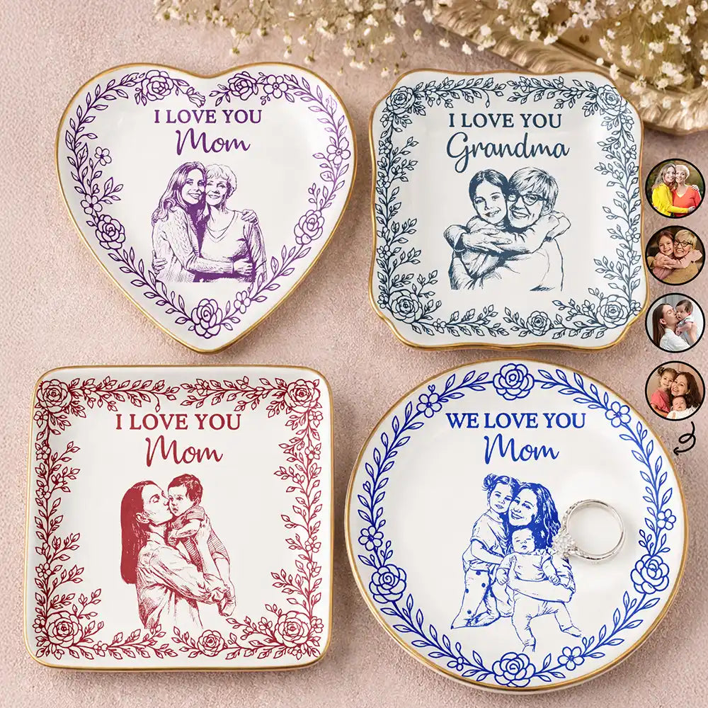 Custom Photo Pencil Sketch I Love You Mom Grandma - Personalized Ring Dish