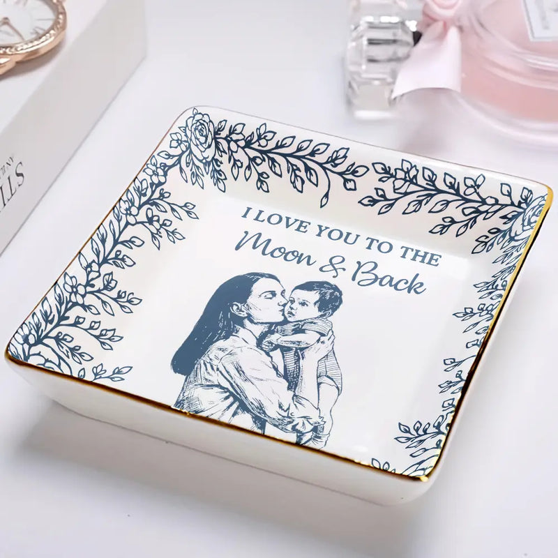 Happy,Gift For Wife,Gift For Women,Gift For Mother,Gift For Grandma - Custom Photo Pencil Sketch I Love You Mom Grandma - Personalized Ring Dish