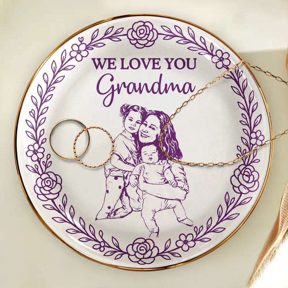 Happy,Gift For Wife,Gift For Women,Gift For Mother,Gift For Grandma - Custom Photo Pencil Sketch I Love You Mom Grandma - Personalized Ring Dish