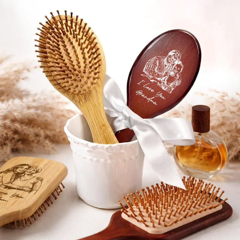 Love,Mom - Daughters (Adult),Mom - Daughters (Young),Gift For Mother,Gift For Wife,Gift For Women,Gift For Grandma - Custom Photo Pencil Sketch I Love You Mom Grandma - Personalized Wooden Hair Brush