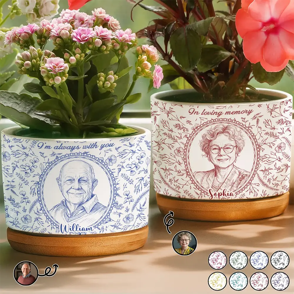 Custom Photo Pencil Sketch In Loving Memory Family Parents Grandparents Portrait Memorial Remembrance - Personalized Plant Pot
