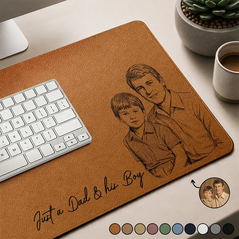 Gift For Husband,Gift For Men,Gift For Father,Dad - Sons,Dad - Children,Non-Eng,Photo - Pencil Sketch,Sentimental - Custom Photo Pencil Sketch Just A Dad And His Girl - Personalized Leather Desk Mat