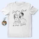 Gift For Husband, Gift For Father, Gift For Grandpa, Non-Eng, Photo - Pencil Sketch, Humorous - Custom Photo Pencil Sketch Just A Dad And His Girl Boy - Personalized T Shirt