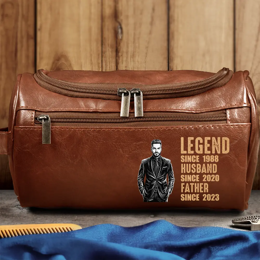 Custom Photo,Gift For Father,Gift For Grandpa,Happy,Photo - Pencil Sketch (Dark BG) - Custom Photo White Pencil Sketch Art Legend Husband Daddy Since - Personalized Leather Toiletry Bag