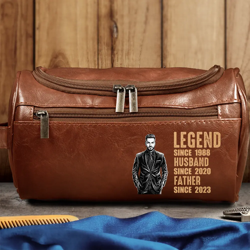 Custom Photo,Gift For Father,Gift For Grandpa,Happy,Photo - Pencil Sketch (Dark BG) - Custom Photo White Pencil Sketch Art Legend Husband Daddy Since - Personalized Leather Toiletry Bag