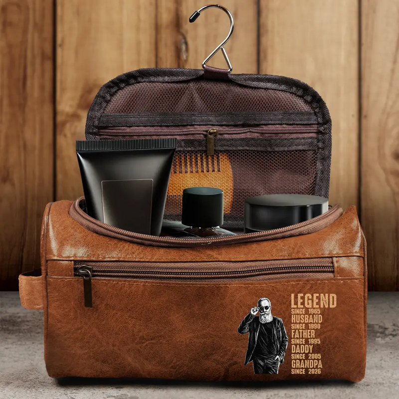 Custom Photo,Gift For Father,Gift For Grandpa,Happy,Photo - Pencil Sketch (Dark BG) - Custom Photo White Pencil Sketch Art Legend Husband Daddy Since - Personalized Leather Toiletry Bag