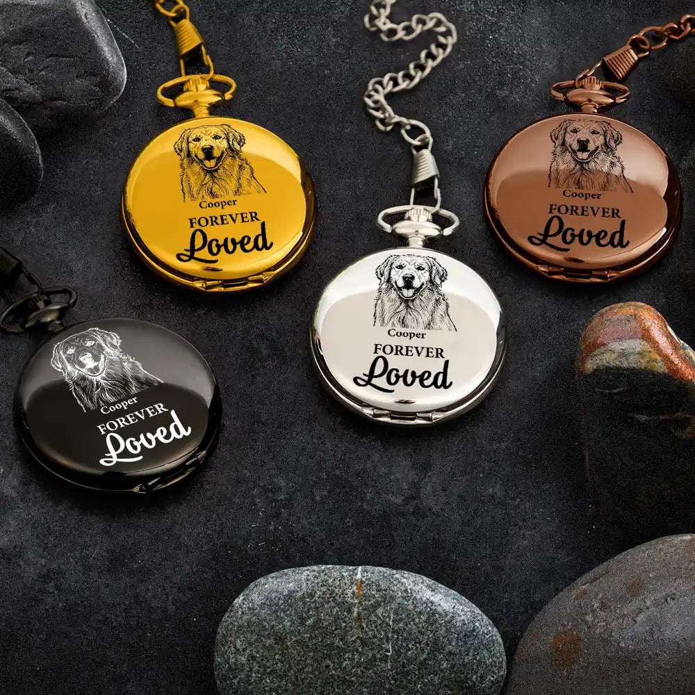 Pet Dad,Dog Dad,Cat Dad,Gift For Men,Sad,Custom Photo - Custom Photo Pencil Sketch Memorial Dog Cat Forever Loved - Personalized Pocket Watch