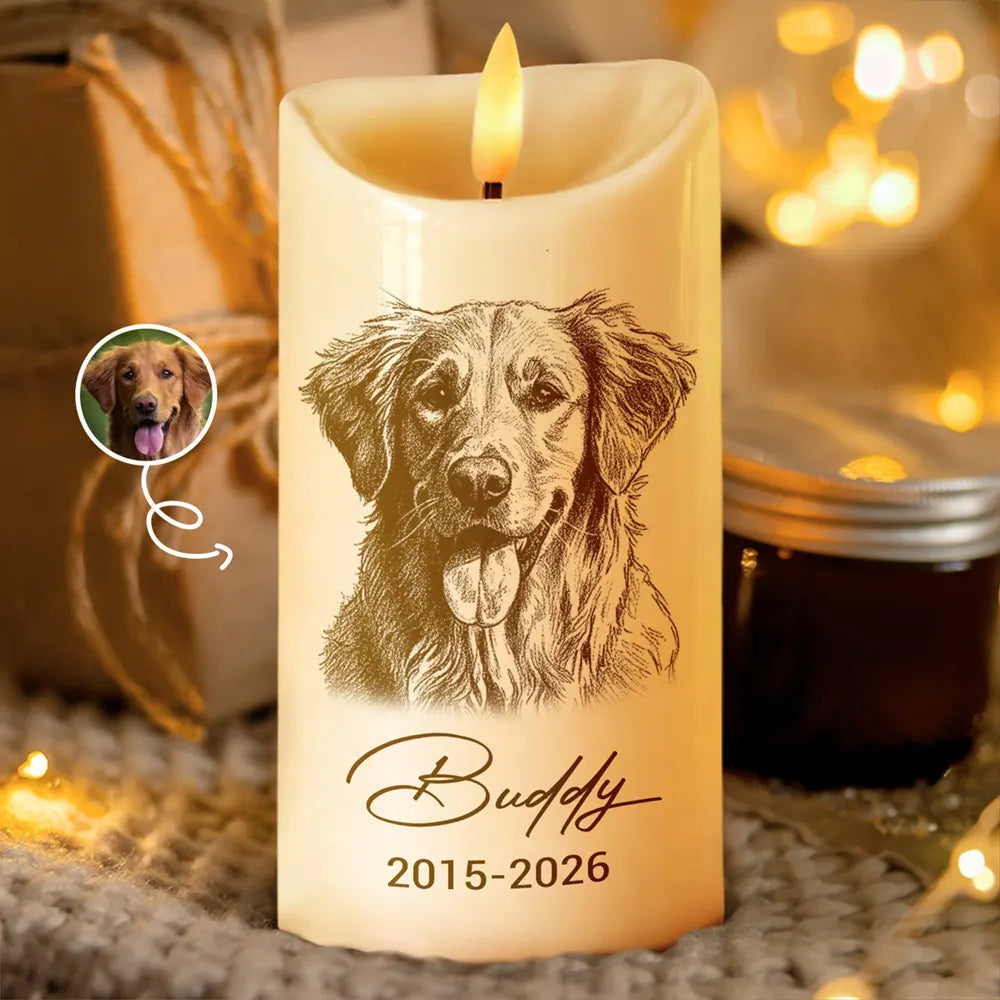 Custom Photo Pencil Sketch Memorial Family Dog Cat Portrait - Personalized Flameless LED Candle