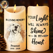 Sad,Pet Lovers,Dog Lovers,Cat Lovers - Custom Photo Pencil Sketch Memorial Pet Loss Your Light Will Always Shine In My Heart - Personalized Flameless LED Candle