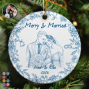 First Christmas,Art Design,Christmas,Romantic,Gift For Couples,Photo - Pencil Sketch - Remove BG - Custom Photo Pencil Sketch Merry & Married First Christmas Couple - Personalized Circle Ceramic Ornament