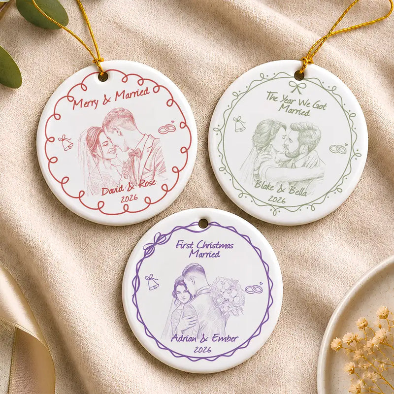 First Christmas,Art Design,Christmas,Romantic,Gift For Couples,Photo - Pencil Sketch - Remove BG - Custom Photo Pencil Sketch Merry & Married First Christmas Couple - Personalized Circle Ceramic Ornament