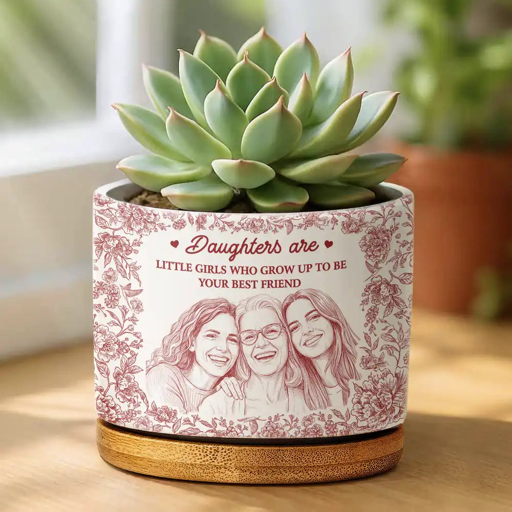 Custom Photo, Gift For Mother, Mom - Daughters (Adult), Happy - Custom Photo Pencil Sketch Mother Never Forget I Love You - Personalized Ceramic Plant Pot