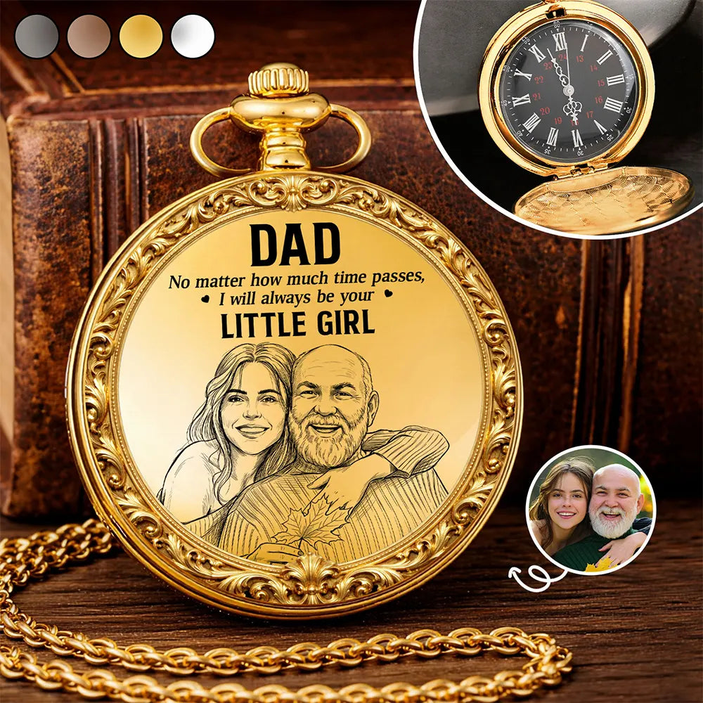 Custom Photo,Gift For Father,Dad - Daughters (Young) - Custom Photo Pencil Sketch No Matter How Much Time Passes - Personalized Pocket Watch