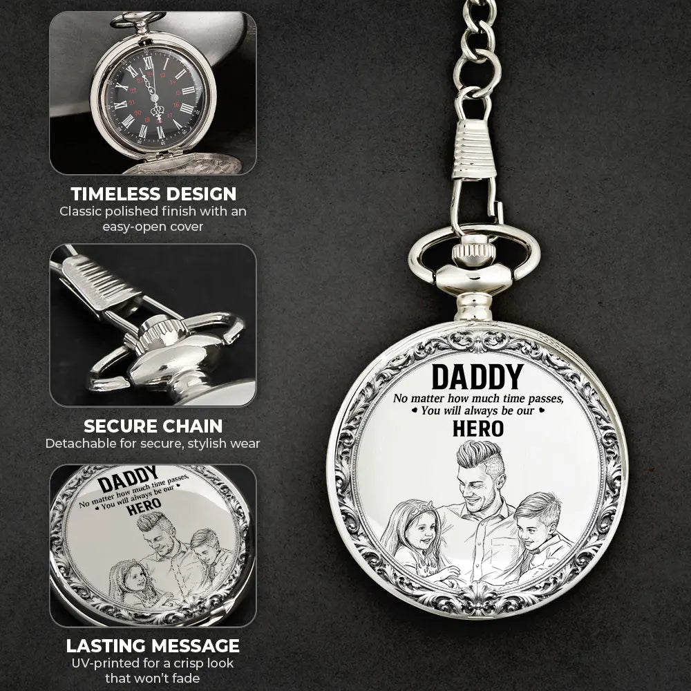 Custom Photo,Gift For Father,Dad - Daughters (Young) - Custom Photo Pencil Sketch No Matter How Much Time Passes - Personalized Pocket Watch