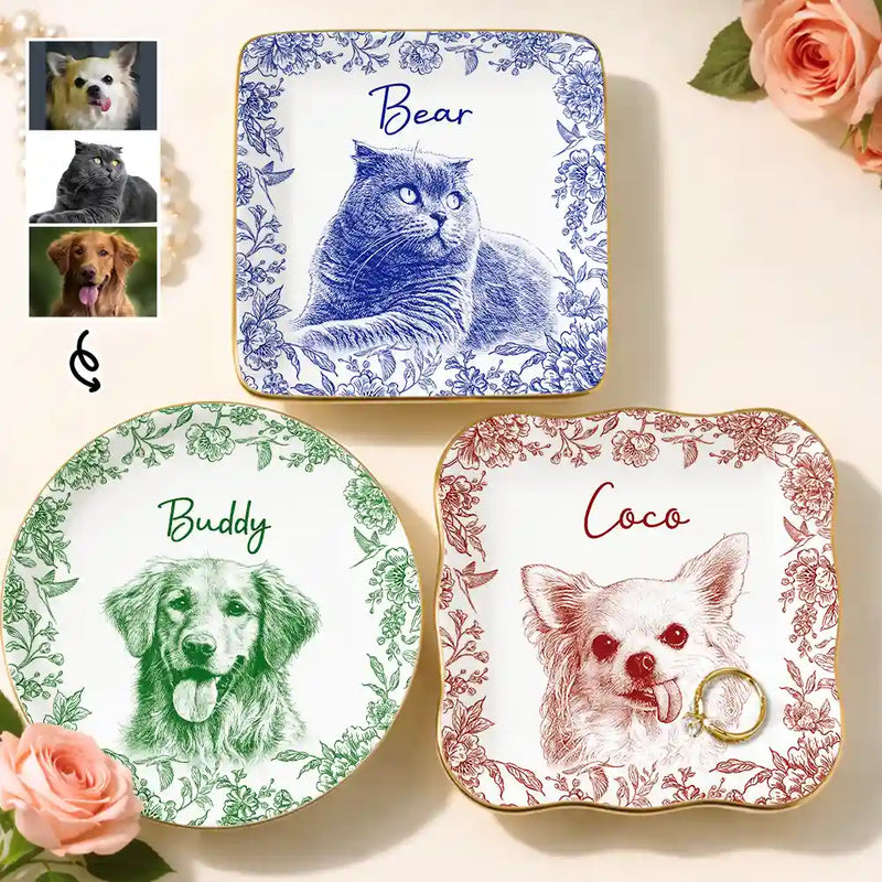 Pet Lovers,Pet Mom,Pet Dad,Dog Lovers,Dog Mom,Dog Dad,Cat Lovers,Cat Mom,Cat Dad,Custom Photo,Happy - Custom Photo Pencil Sketch Pet Photo - Personalized Ring Dish