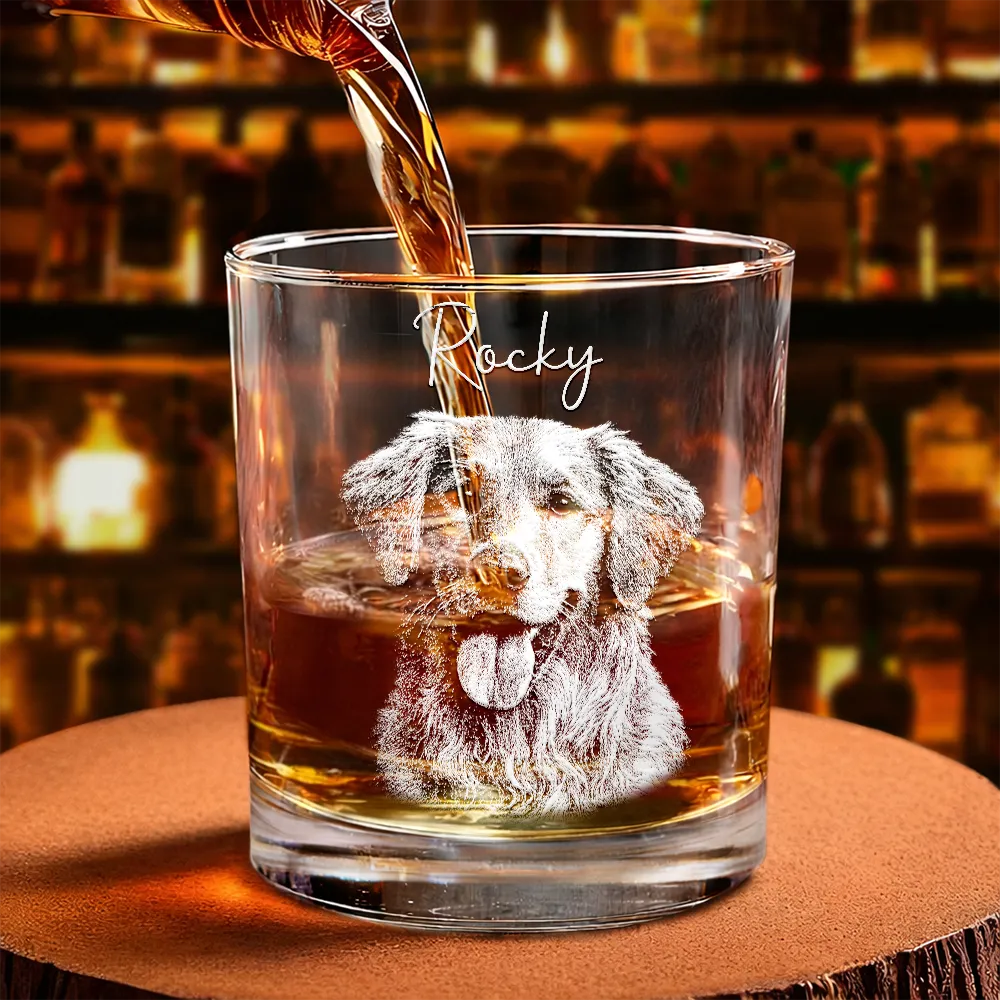 Pet Lovers,Pet Mom,Pet Dad,Dog Lovers,Dog Mom,Dog Dad,Cat Lovers,Cat Mom,Cat Dad,Happy - Custom Photo Pencil Sketch Pet Portrait - Personalized Whiskey Glass